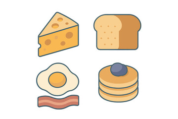 Delicious breakfast food items including cheese, bread, fried egg, bacon, and blueberry pancakes served for a morning meal, a perfect start to the day with various ingredients