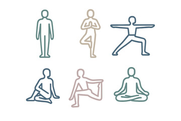 Diverse human figures demonstrating various yoga poses and stretching exercises promoting wellness and balance