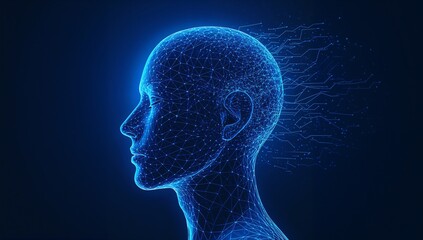 A digital human face consists of connected dots, thin lines, and triangles. The silhouette of a cyborg flows into the wires of circuit in low poly blue. AI concept. Artificial Intelligence background 