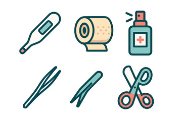 Essential medical and personal hygiene items including thermometer, antiseptic spray, tweezers, and scissors