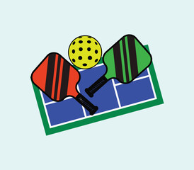 Pickleball Rackets, Ball, and Court Vector Illustration