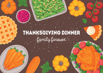 Thanksgiving day, family dinner. Hand drawn flat style. Top view illustration. Festive dinner with turkey and potato, apple pie, vegetables, fruits. Autumn food