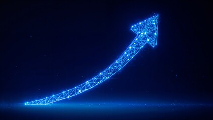 Abstract digital 3D polygonal growth arrow up on technology blue background. Career growth. Finance and business success concept. Polygonal wireframe arrow. Low poly vector illustration.