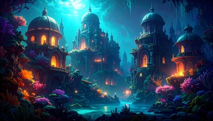 Underwater city glowing at night