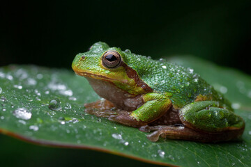 Obraz premium Macro shot of a vibrant tree frog resting on a wet leaf with raindrops glistening — perfect for environmental and nature-themed visuals.