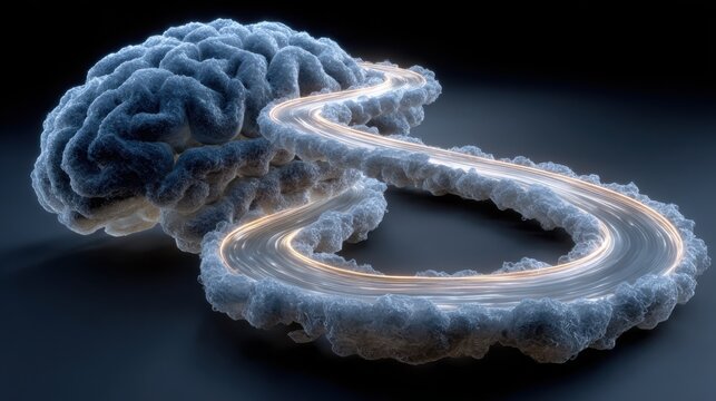 Road with a brain in the middle symbolizing personal growth and mindset recovery journey concept map for healing