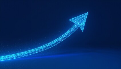 Abstract digital 3D polygonal growth arrow up on technology blue background. Career growth. Finance and business success concept. Polygonal wireframe arrow. Low poly vector illustration.
