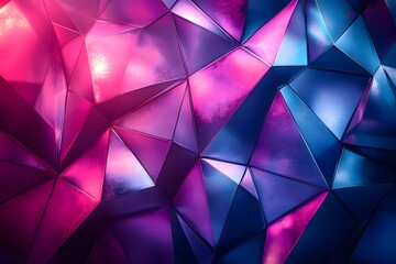 Obraz premium Abstract geometric background with pink and blue hues reflecting light on triangular facets