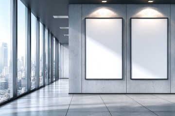 Modern office corridor with blank posters.  Cityscape view through large windows.  Empty space for marketing materials.  Concrete walls and polished floor