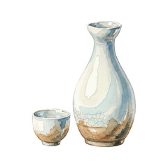 Watercolor Sake Bottle and Cup Vector Illustration Isolated on White Background, Traditional Japanese Drink Clipart for Bar, Restaurant and Menu