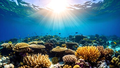Underwater coral reef, sunlight beams through water