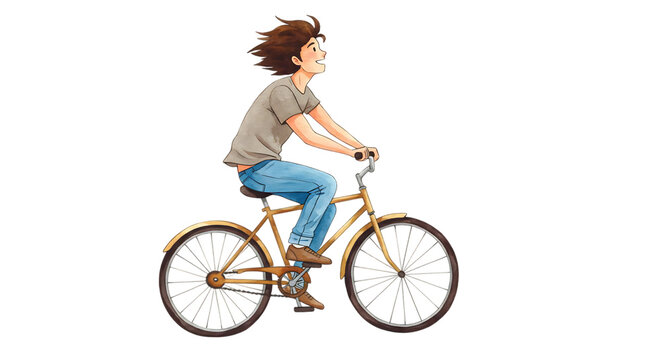 A cartoon man with brown hair riding a bicycle looking up with a black background illustration