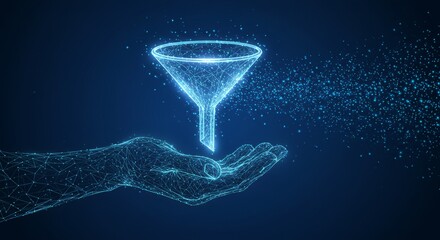 Sales funnel hologram above hand — lead generation and conversion pipeline — technology blue background, low-poly wireframe vector