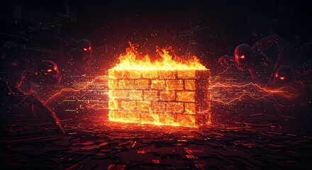 Fiery Brick Wall Security Breach Cyber Attack Digital Threat Demons