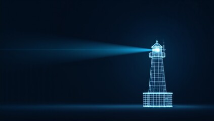 Abstract digital lighthouse with a bright beam on a dark blue technology background in a futuristic style. Guiding light and business vision concept. Low poly wireframe vector illustration. ai