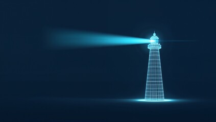Abstract digital lighthouse with a bright beam on a dark blue technology background in a futuristic style. Guiding light and business vision concept. Low poly wireframe vector illustration. ai
