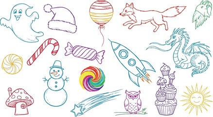 Vector art of collection of handdrawn doodle icons including a ghost, fox, dragon, and rocket