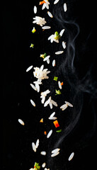 Slow-motion vector illustration of falling rice grains and vegetables, with a delicious steam.