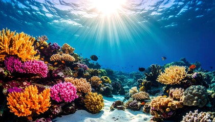 Underwater coral reef vibrant colors sunlight