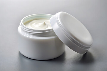 A Realistic image of blank face cream jar mockup. Open Cosmetic jar mockup with lid, blank Plastic creme container. clear body skin beauty cream