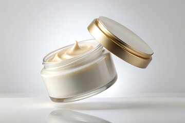A Realistic image of blank face cream jar mockup. Open Cosmetic jar mockup with lid, blank Plastic creme container. clear body skin beauty cream
