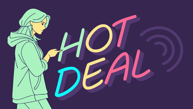 Stylish woman on her phone finds a hot deal online, advertising a limited time sale event with a vibrant modern design, perfect for social media campaigns