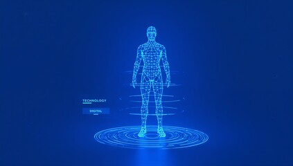 Abstract human body scan. AI doctor concept. Hologram 3D model of a man. Medical, health, and Anatomy. Digital male silhouette with neon light circles. Low poly wireframe tech vector illustration.
