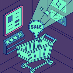 Retro Isometric Sale Illustration, Shopping Cart Ready for Deals, Online Promotion, Modern Digital Marketing, Engaging Visuals, E-commerce Campaign, Special Offers