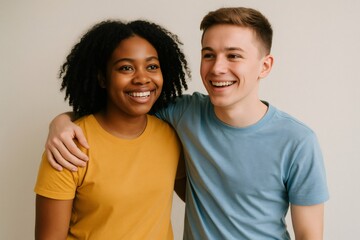 Fototapeta premium Studio shot of two young multi ethnic friends hugging and laughing together, showing genuine happiness and connection