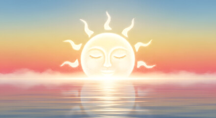 Obraz premium Dreamy horizon view of a smiling sun emerging from water in pastel morning colors.