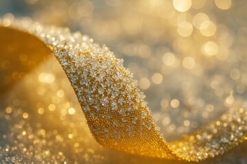 Closeup of a golden ribbon with frosty details in a bokehfilled setting