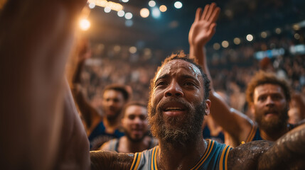 Sweaty and Victorious Male Basketball Player Cheering on Court After Winning a Championship
