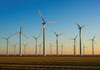 Wind turbines generating clean energy in a field at sunset