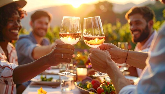 Happy group of diverse friends raising wine glasses in a toast during an outdoor dinner party at a scenic vineyard