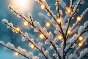 Close-Up of Snow-Covered Decorative Branches with Fairy Lights in Daylight