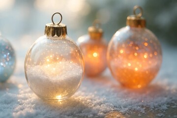 Christmas Ornaments with Snow and Warm Lights