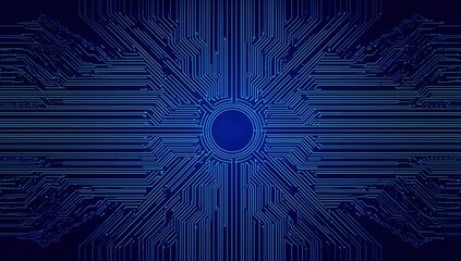 Circuit board background. Modern AI innovation concept. Tech pattern in electric blue. Artificial Intelligence chip with thin line wires on a dark blue presentation cover. Digital vector illustration 