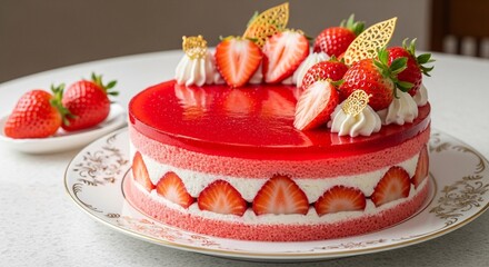 Luxury Strawberry Cream Cake with Elegant Decoration Close Up