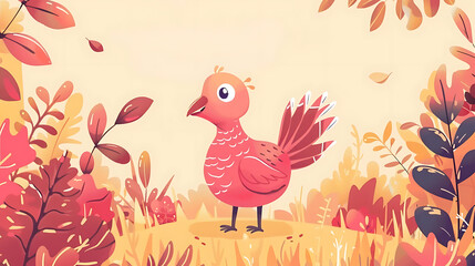 Naklejka premium Vector illustration of a cute cartoon bird in the meadow with autumn leaves.