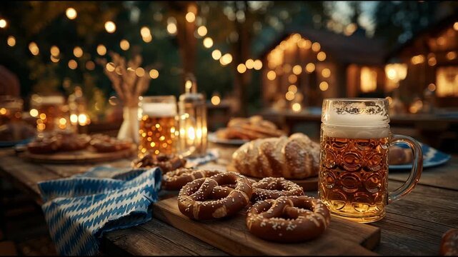 Oktoberfest Feast: Capturing the essence of a festive Oktoberfest, the photo immerses you in a convivial outdoor dining scene. A wooden table laden with traditional delights, a frothy beer.