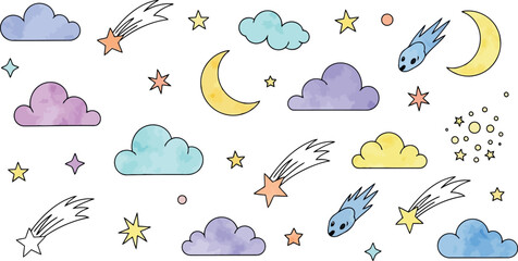 Vector art of cute cartoon clouds, stars, and crescent moon with shooting stars