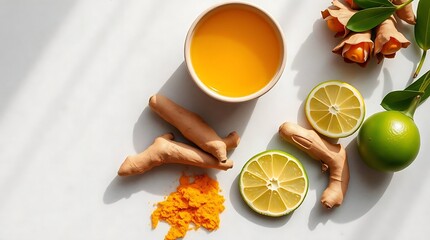 Turmeric Herbal Drink with Fresh Roots, Ginger, and Lime on Marble Table – Natural Wellness Concept