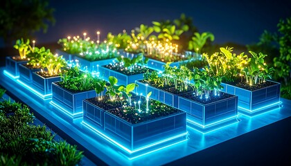 Urban farm lit by glowing lights