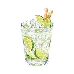 Watercolor Vector of Caipirinha Cocktail with Lime and Ice on White Background