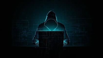 Digital Hacker Concept – Hooded Figure with Laptop in Cybersecurity Environment with Glowing Circuitry