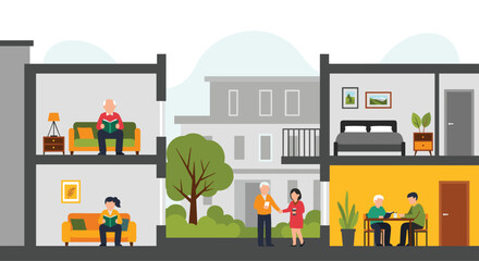 Diverse people interacting in a multi-story residential building complex.