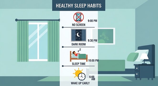 Healthy Sleep Habits Infographic Showing Bedtime Routine for Better Rest.