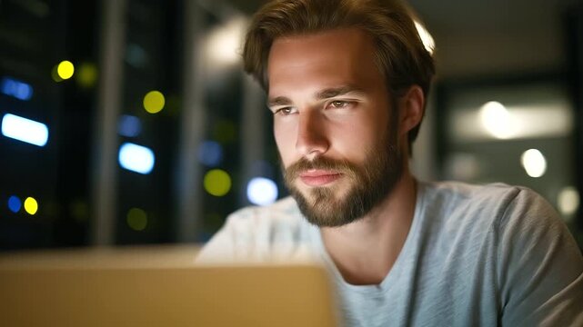 A skilled programmer inside a glowing server room typing on a laptop placed on a rolling desk light from server racks casting reflections on their face expression of deep