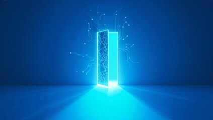 Futuristic Tech Gateway – Glowing Blue Portal Surrounded by Circuit Patterns in Digital Transformation Environment