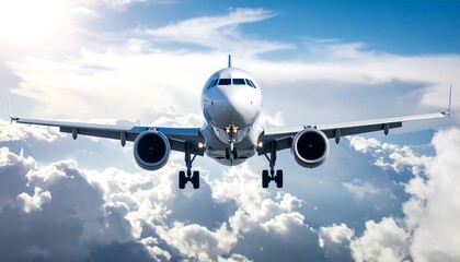 Obraz premium Airplane soaring through fluffy clouds